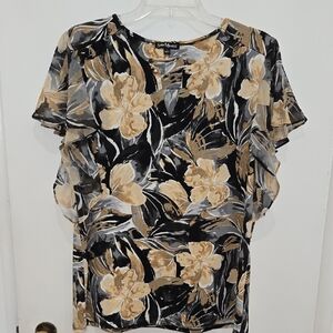 Sara Michelle Black Floral Ruffle Sleeve Top with Beige Accents